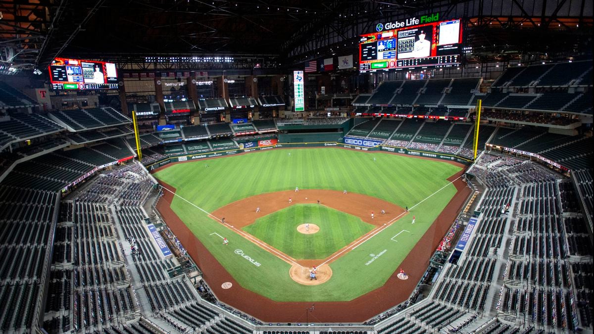 Globe Life Field is viewed during the fifth inning of a baseball game between the Texas Rangers and the Los Angeles Dodgers, Saturday, Aug. 29, 2020, in Arlington, Texas.