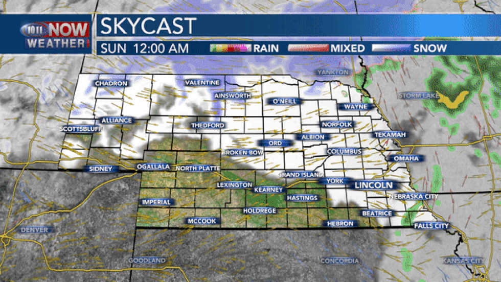Areas of snow are possible across northern Nebraska into early Sunday morning. Look for clouds...