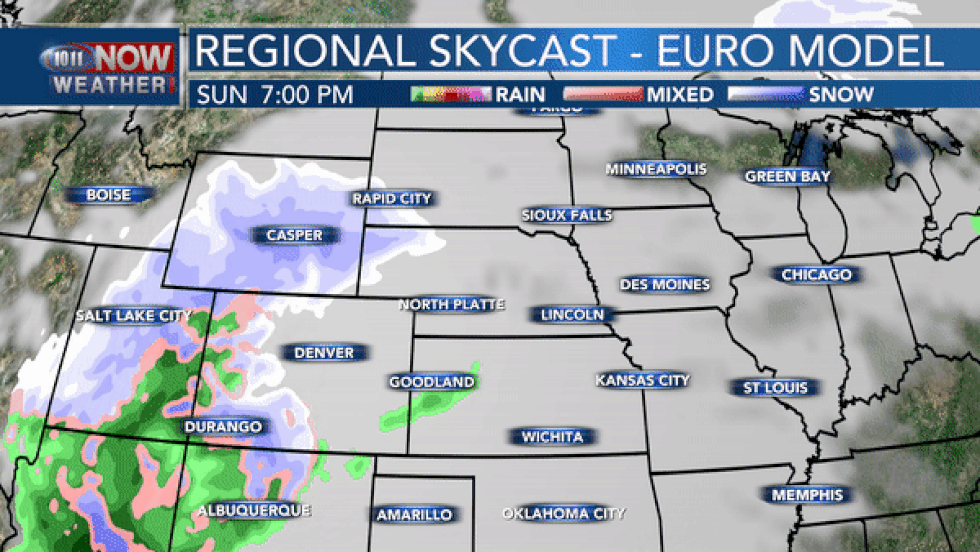 The European model spreads rain and snow across the state starting Sunday night with snow...